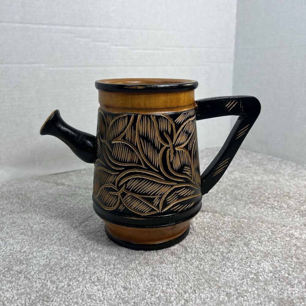 Hand Carved Wooden Teapot /‎ Pitcher Canister Jar Handle Floral African